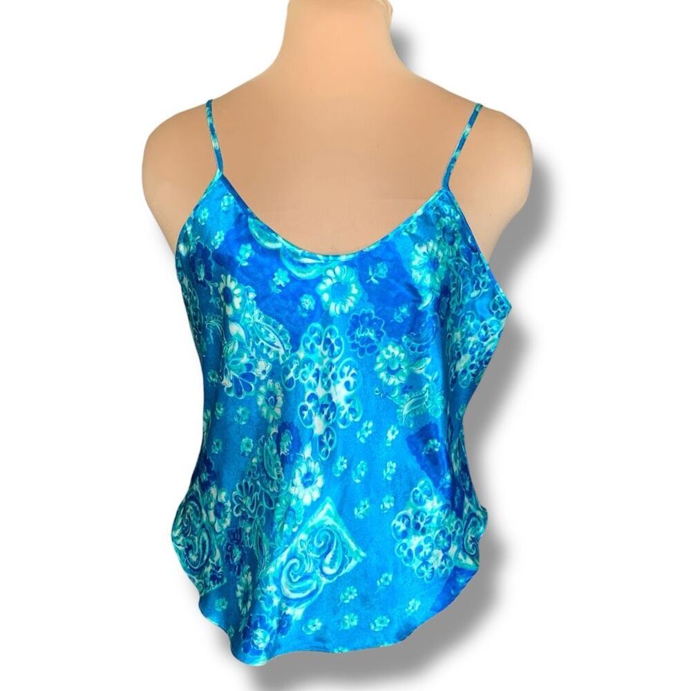 Vintage California Dynasty Blue Floral Satin Scoop Neck Camisole Tank Top Large